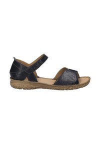 Sandale en cuir noir avec un design ouvert à l'orteil, sangle réglable, semelle intérieure rembourrée et semelle en caoutchouc texturée pour une meilleure adhérence.