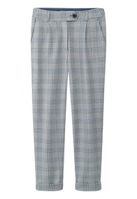 Gray and blue plaid trousers with a button closure, side pockets, and rolled hems, made from a woven fabric with a textured finish.