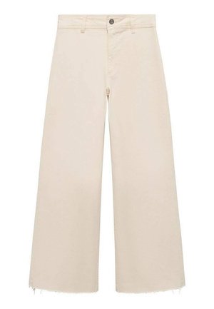 Pantaloni a gamba larga in cotone beige chiaro, con chiusura a bottone, orlo leggermente sfrangiato e design a vestibilità ampia.