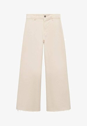 Pantaloni a gamba larga in cotone beige chiaro, con chiusura a bottone, orlo leggermente sfrangiato e design a vestibilità ampia.