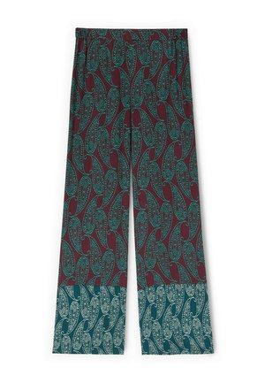 Pantalones de pierna ancha con patrones de paisley verdes sobre tela granate y puños contrastantes en color azul verdoso con diseños de paisley blancos.