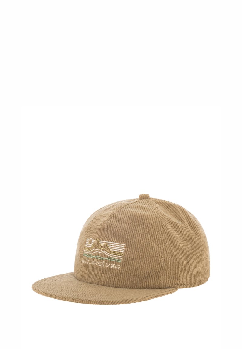 Casquette en velours côtelé marron avec une visière plate, ornée d'un design brodé de montagne et de vague en vert et jaune. Fermeture arrière réglable.