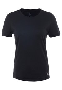 T-shirt nera a maniche corte realizzata in cotone, con scollatura rotonda e un discreto logo Adidas nell'angolo in basso a destra.