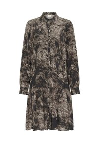 Rochie cu mânecă lungă, nasturi, guler și un model abstract de spirale în nuanțe de maro, negru și bej, cu detalii de fustă plisată.