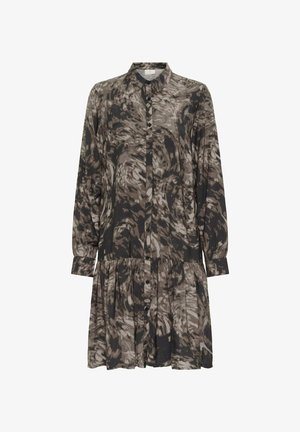 Langarm, knoopsluitend jurkje met kraag en abstracte bruine, zwarte en beige draaipatroon, met een geplooide rokdetails.
