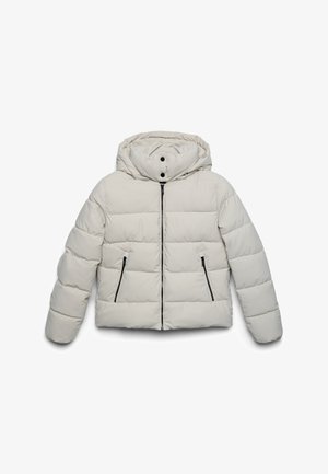 Helle beige, gepolsterte Jacke mit Kapuze, Frontreißverschluss, zwei Reißverschlusstaschen und Druckknöpfen im Halsbereich der Kapuze.