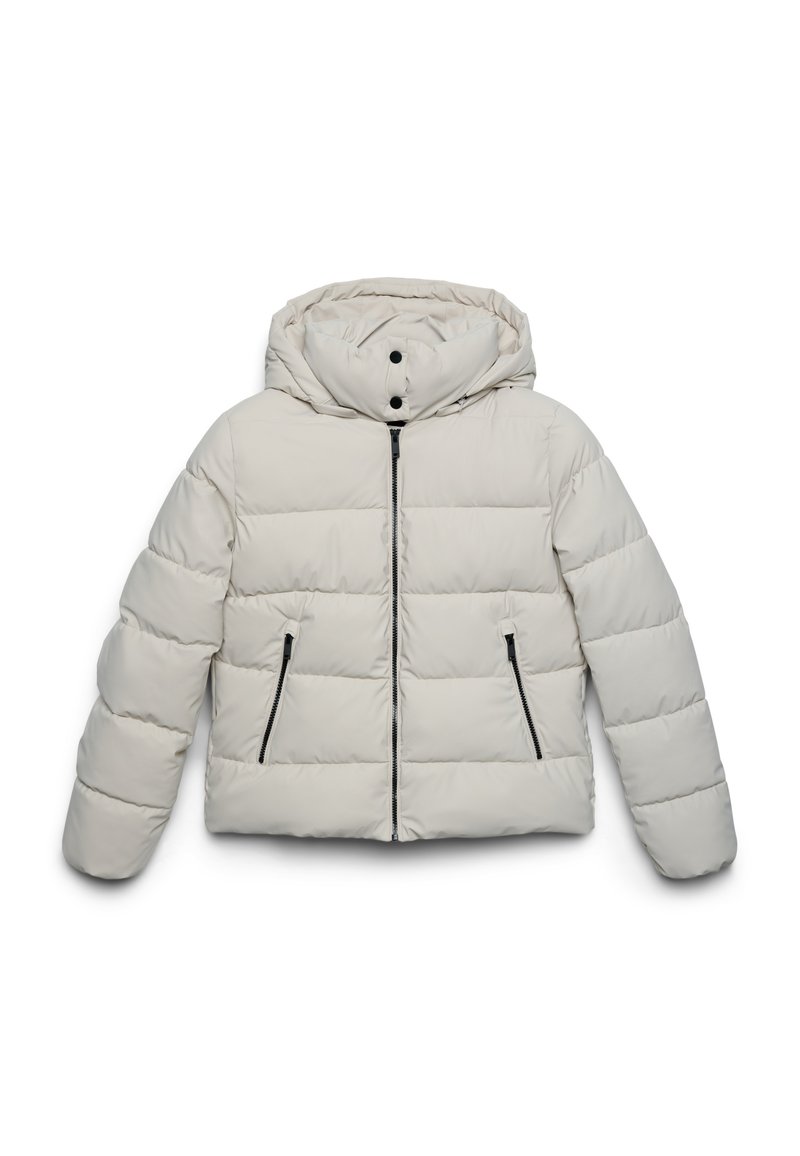 Giacca imbottita beige chiaro con cappuccio, zip frontale, due tasche con zip e bottoni a pressione nella zona del collo del cappuccio.