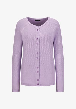 Lilac knit cardigan with a round neckline, long sleeves, and six purple buttons down the front. Textured fabric with ribbed cuffs and hem.