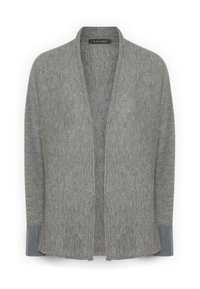 Cárdigan gris con un diseño abierto y un ajuste relajado. Presenta una tela suave y texturizada con mangas en un gris más oscuro.