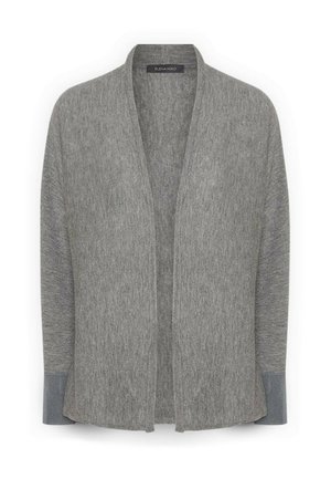 Cardigan gris avec une ouverture sur le devant et une coupe décontractée. Présente un tissu doux et texturé avec des manches contrastées dans un gris plus foncé.