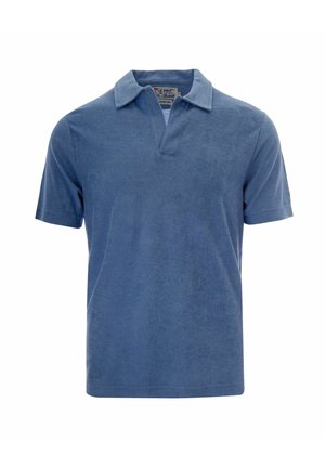 Polo da uomo a maniche corte in tessuto spugna morbido, colore blu polveroso uniforme, con colletto aperto e senza bottoni.