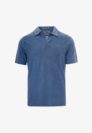 Polo da uomo a maniche corte in tessuto spugna morbido, colore blu polveroso uniforme, con colletto aperto e senza bottoni.