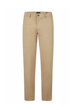 Khaki broek van lichtgewicht katoen met een stevige textuur, voorzien van een knoopsluiting en een rechte pasvorm.