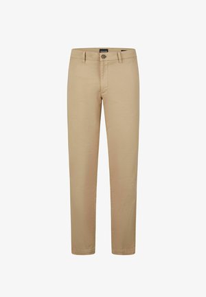 Khaki trousers made of lightweight cotton with a smooth texture, featuring a button closure and straight-leg design.