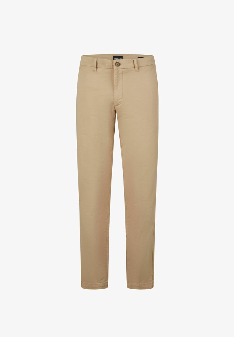 Khaki broek van lichtgewicht katoen met een stevige textuur, voorzien van een knoopsluiting en een rechte pasvorm.