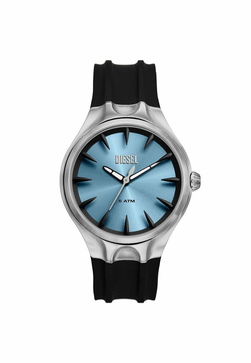 Reloj Diesel redondo con caja de acero inoxidable, esfera azul, correa de goma negra y marcadores en punta. Resistente al agua hasta 5 ATM.