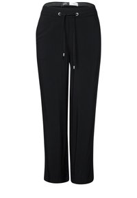 Pantalons noirs en tissu doux, dotés d'une taille élastique avec cordon de serrage, de jambes droites et d'une coupe décontractée.