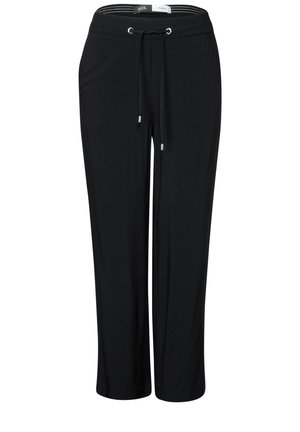 Pantalons noirs en tissu doux, dotés d'une taille élastique avec cordon de serrage, de jambes droites et d'une coupe décontractée.