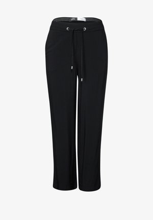 Pantaloni neri in tessuto morbido, dotati di una cintura elastica con cordino, gambe dritti e una vestibilità comoda.