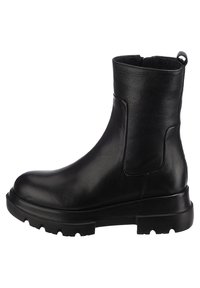 Svart läderankkelstövel med rund tå, texturerad yta, elastiska sidopaneler och en kraftig gummisula med struktur.