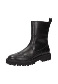 Schwarze Leder-Ankle Boots mit glatter Oberfläche, Brogue-Details, runder Zehenform und robuster Gummisohle. Mit seitlichem Reißverschluss und Ziehlasche.