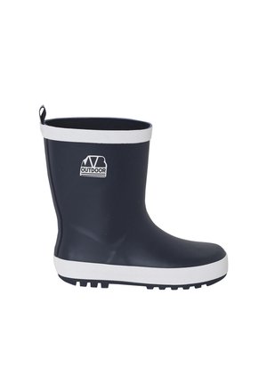 Navy blue rubber rain boot with white trim and sole, featuring a pull tab at the back and "OUTDOOR" logo on the side.