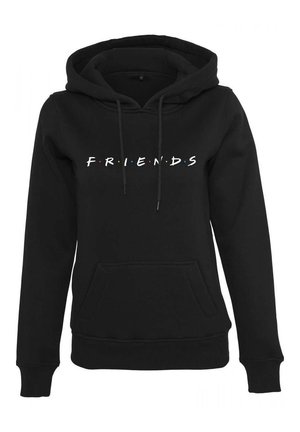 Pullover nero con cappuccio, dotato di tasca frontale e cordini, con il logo "F.R.I.E.N.D.S" in lettere multicolori sul petto.