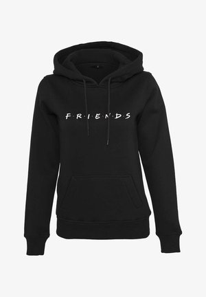 Schwarzer Pullover-Hoodie mit einer vorderen Tasche und Zugbändern, mit dem "F.R.I.E.N.D.S"-Logo in bunten Buchstaben über der Brust.