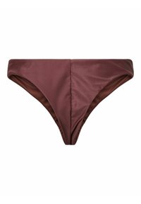 Bas de bikini marron taille haute en tissu lisse avec couture centrale, présenté sur fond blanc.