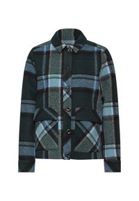Kurtka w kratę w ciemnozielonym, niebieskim i czarnym kolorze, z kołnierzykiem, zapięciem na guziki, dwiema przednimi kieszeniami oraz miękką fakturą.