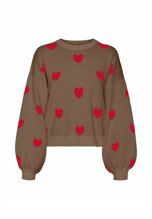 Brown sweater with red heart patterns, oversized fit, rounded neckline, and balloon sleeves, featuring a soft knit texture and ribbed hem.