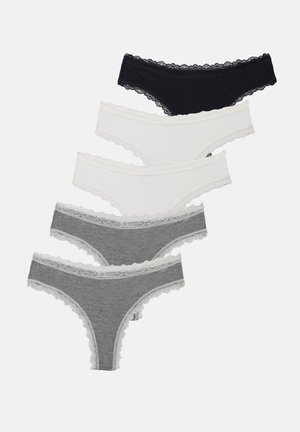 Lace-trimmed women's underwear set: one black, two white, and two grey pairs, featuring soft fabric and a low-rise design.