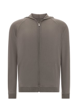Grau meliertes Zip-Front-Hoodie aus weichem, strukturiertem Stoff. Mit Kapuze, Raglanärmeln und zwei Fronttaschen, sowie gerippten Bündchen und Saum.