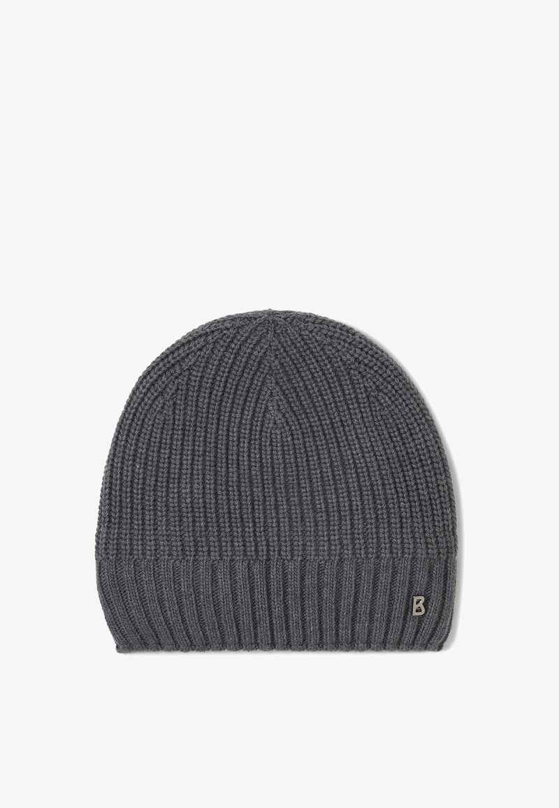 Gray knit beanie with ribbed texture, featuring a small metallic logo on the side. Soft material, rounded top, and snug fit.
