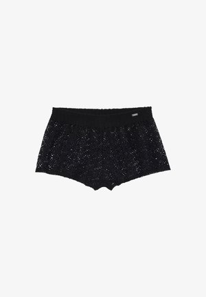 Schwarze Spitzen-Shorts mit einem strukturierten Design, einem breiten, elastischen Bündchen und filigranen Lochmustern im Stoff.