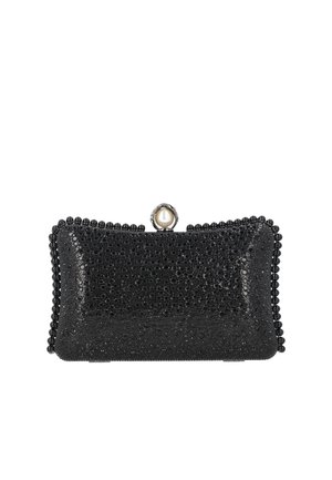 Clutch de seară dreptunghiular negru, cu detalii de mărgele negre și un închizător având o perlă albă mare.