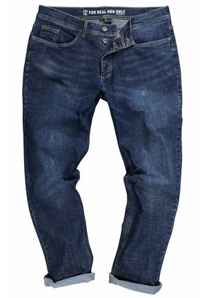 Mørkeblå denim jeans med opsmøgede ben, knaplukning og "JP For Real Men Only" label indeni taljen.