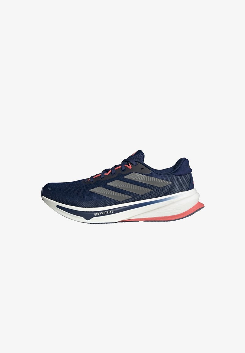 Navy running shoe with mesh upper, three silver stripes, red accents on laces and outsole, cushioned white midsole, lightweight design.