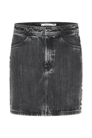 Schwarzer Jeansrock mit taillierter Form, ausgestattet mit einem distressed Look und dekorativer silberner Hardware an den Seiten. Fünf Taschen sind enthalten.