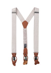 Beige Stoffträger mit einem strukturierten Muster, braunen Lederakzenten und Metallclips zur Befestigung, mit einem Y-förmigen Design.