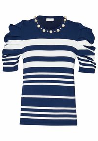 Top a righe navy e bianche con maniche corte a volant. Presenta un collo rotondo decorato con grandi perle bianche e strass.