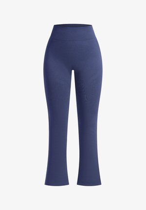 Granatowe legginsy bezszwowe z wysokim stanem i rozszerzanymi nogawkami, zaprojektowane tak, aby zapewniać dopasowanie i komfort noszenia.