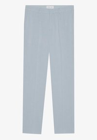 Pantalones ajustados de color azul claro, confeccionados con tejido tejido, que presentan un diseño de frente plano, bolsillos laterales y una textura suave.