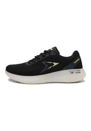 Black athletic shoe with a textured mesh upper, contrasting blue and yellow accents, and a white cushioning sole. Features lace-up closures.