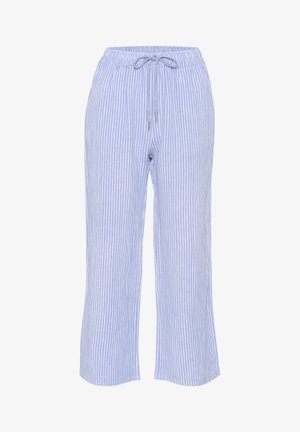 Pantaloni cu dungi albastre și albe, confecționați dintr-un material ușor, având o talie elastică cu șnur și un design cu picioare drepte.