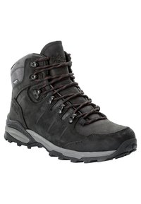 Schwarzer Wanderschuh aus Leder und Wildleder, mit hohem Knöcheldesign, metallischen Ösen und rot-braunen Schnürsenkeln auf einer strukturierten Gummisohle.