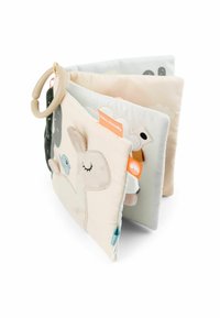 Libro de actividades de tela suave con diseños de animales, colores pastel variados, un lazo para sujeción y detalles texturizados en cada página.