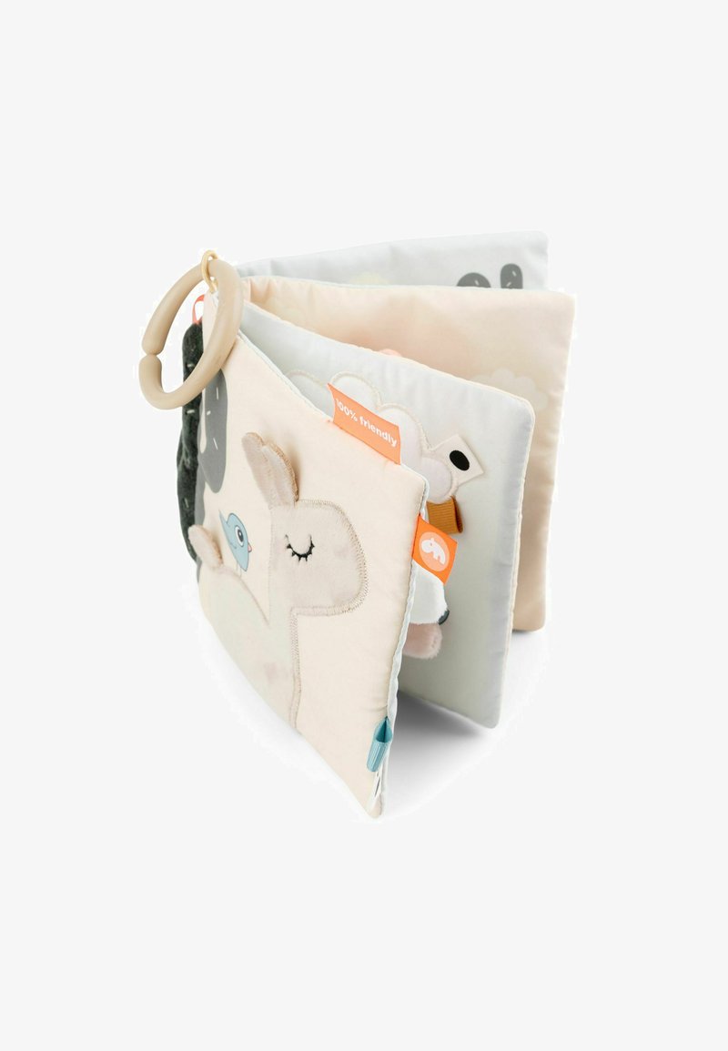 Libro de actividades de tela suave con diseños de animales, colores pastel variados, un lazo para sujeción y detalles texturizados en cada página.