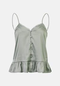 Camisole en satin vert avec des bretelles spaghetti réglables, bord en dentelle, cinq boutons sur le devant et un ourlet froncé. Texture douce.