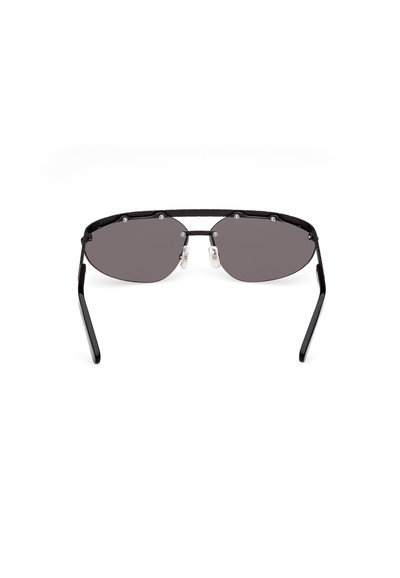 Black metal sunglasses with gray lenses, angular shape, thin frame, and decorative hardware details on the upper rim and sides.